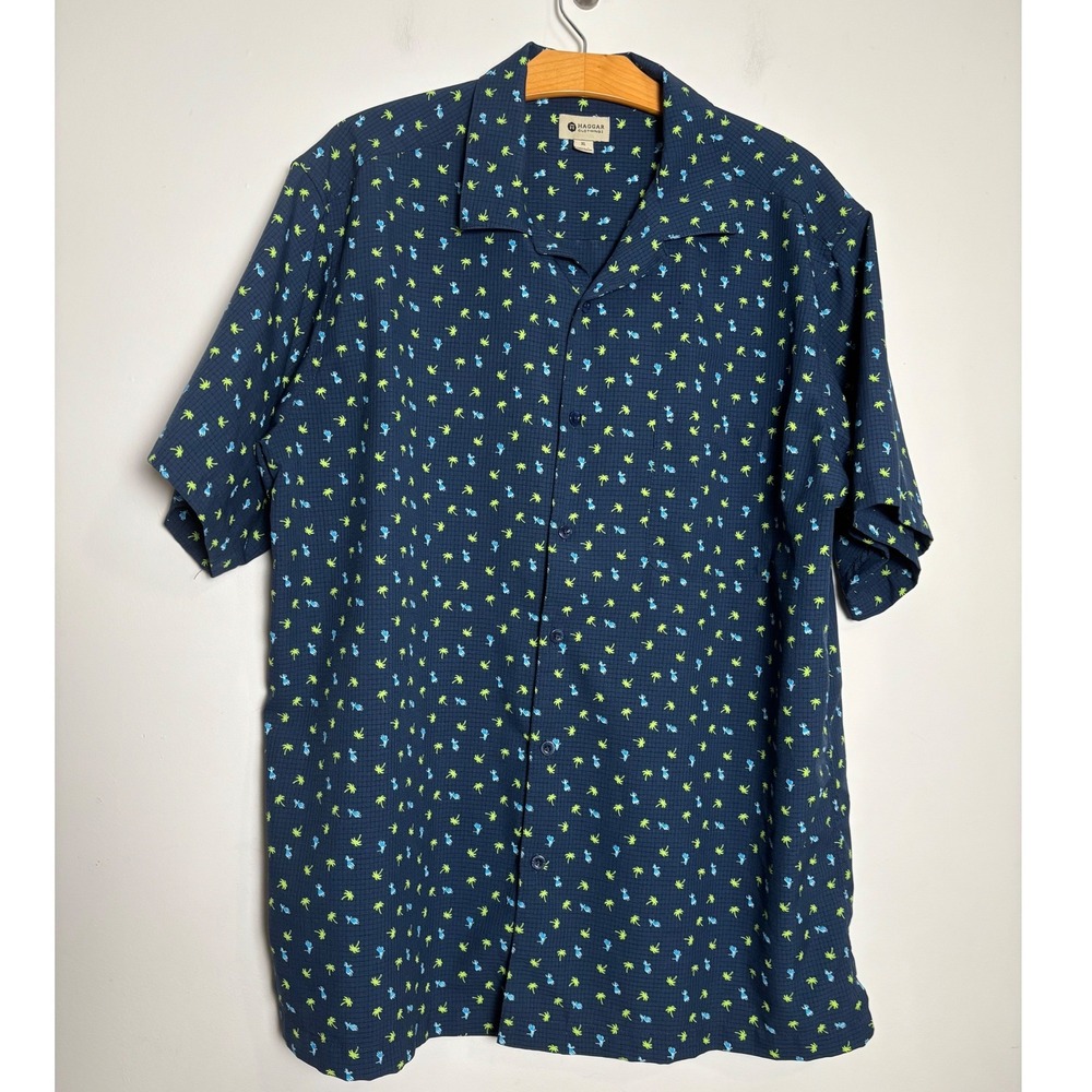 Haggar Mens Casual Button Up Shirt XL Blue Hula Dancer Palm Tree‎ Tropical Print